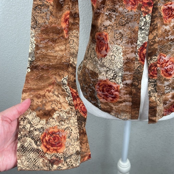 Forever 21 Brown & Tan Gold Tinsel Floral Lace Boho Long Sleeve Top Size Medium - Picture 3 of 6